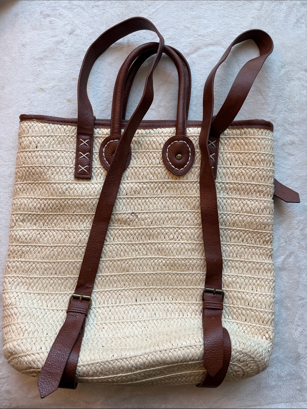 Woven Straw Tote with Brown Leather Straps